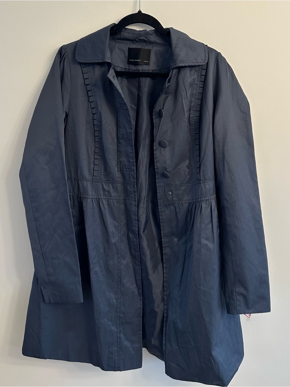 Vero Moda Blue Trench Coat Ruffle Pleated Detail Size Medium